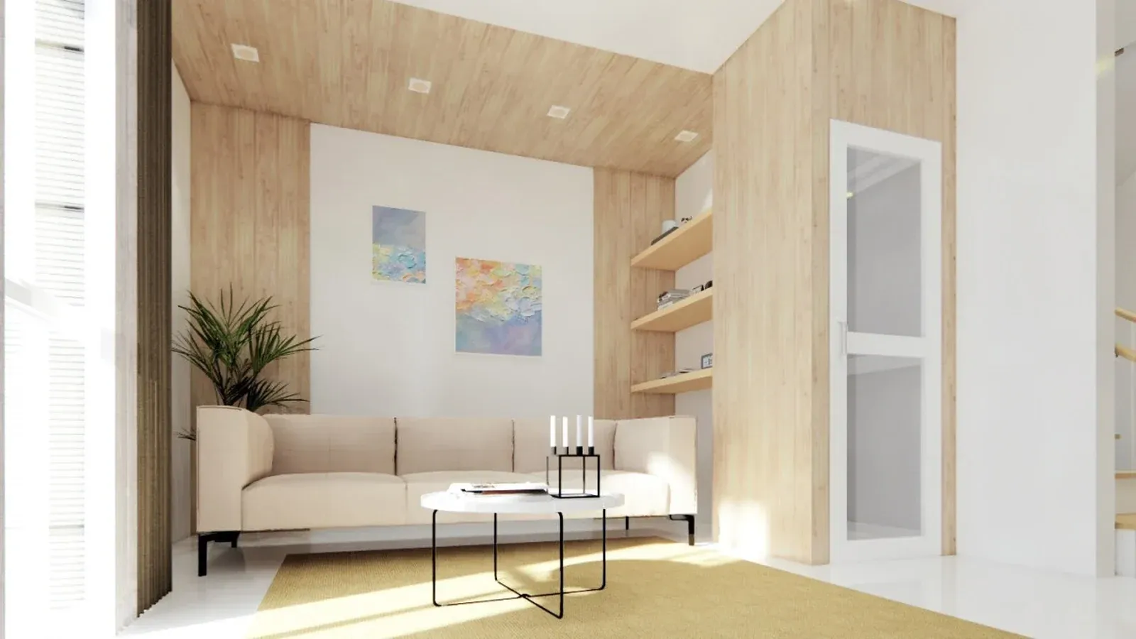 Pineglades Residences living area with family space, wood finishes, and an optional home elevator
